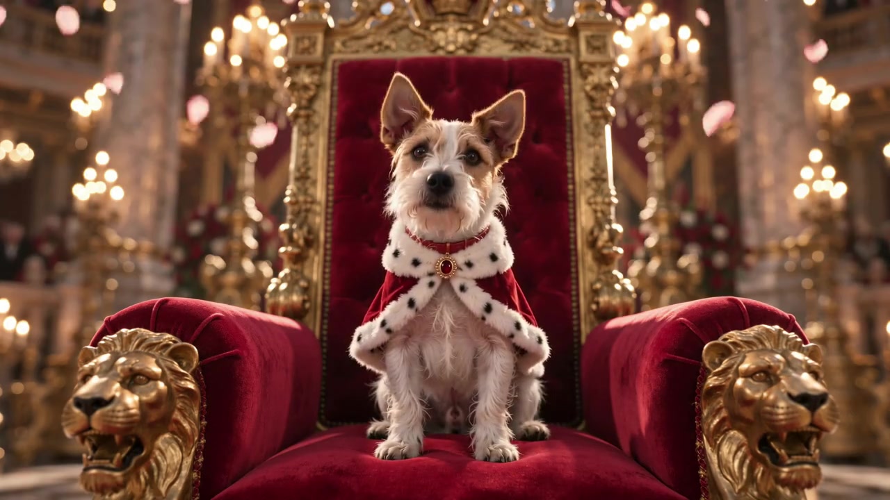 Biscuit the dog sitting on a royal throne